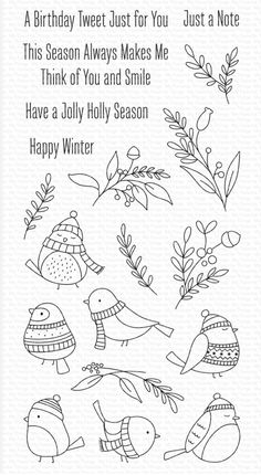 a card with the words happy winter written in black and white, surrounded by hand drawn images