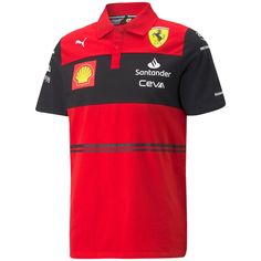 a red and black polo shirt with ferrari logos on the chest, in front of a white background