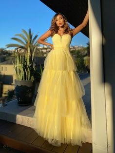 Jadore JX5022 Ruffled tulle tiered gown with sweet heart neckline Tier Gown, Yellow Gowns, Yellow Formal Dress, Strapless Formal Dress, Ruffle Trend, Strapless Evening Dress, Plus Size Formal, Sweetheart Prom Dress, Plus Size Formal Dresses