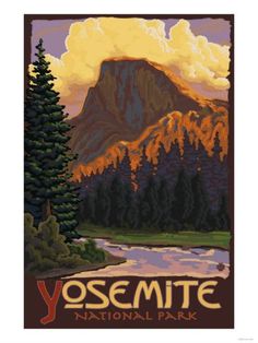 yosemite national park poster with trees and mountains in the background, framed print