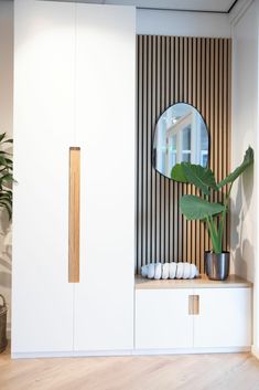 a living room with white walls and wooden flooring next to a potted plant