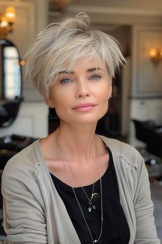 Feathery Layers, Pixie Haircuts For Women, Cute Pixie Cuts, Choppy Pixie Cut, Older Women's Hairstyles, Grey Hair Transformation, Textured Bangs, Messy Bob Hairstyles