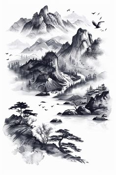 an ink drawing of mountains and trees with birds flying over them in black and white