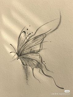 a drawing of a butterfly on paper with water droplets coming out of its wings and the word love is written in black ink