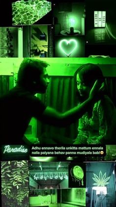 the collage shows two people in green lights, one is touching another's hand