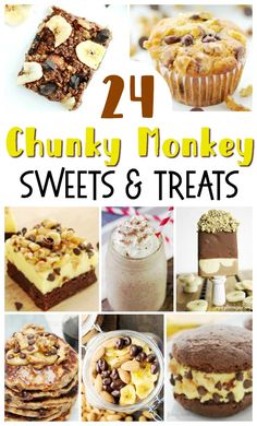 many different desserts and treats are shown in this collage with the words, chunk monkey sweets & treats