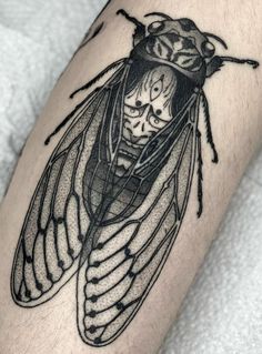 a black and white photo of a fly insect on the arm with a skull in it