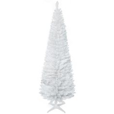 a white christmas tree on a stand against a white background