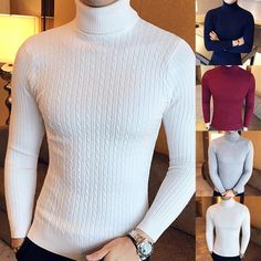 White Ribbed Polo Sweater For Winter, White Knitted Turtleneck For Winter, White Cable Knit Long Sleeve Polo Sweater, White Knit Turtleneck With Long Sleeves, White Knitted Long Sleeve Turtleneck, White Knit Long Sleeve Turtleneck, Turtle Neck Men, Dressy Sweaters, Turtle Neck Long Sleeve