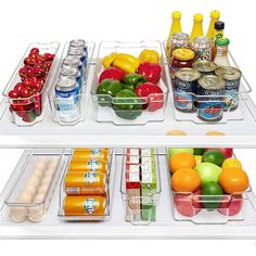 two shelves filled with food and drinks on top of each other