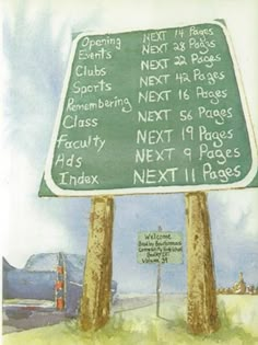 a drawing of a road sign with words written on it