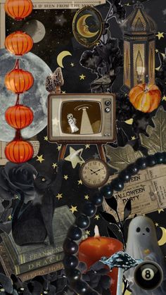 an image of a halloween scene with pumpkins, bats and a tv on it