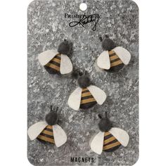 PRICES MAY VARY. SET OF 5: Set includes 5 felt bee magnets. DIMENSIONAL DESIGN: Magnets feature dimensional felt bee designs. PACKAGED ON A METAL BACKER CARD: Magnets are packaged on a galvanized metal backer card. GREAT FOR GIFTING: Bee magnets make a great gift! DESIGNED IN THE USA: This product was proudly designed in the USA.