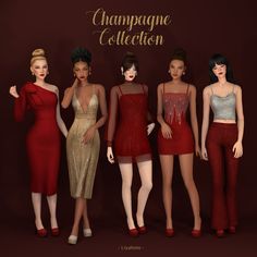 five women in red and gold dresses standing next to each other with the words champagne collection above them