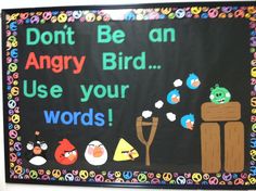 a bulletin board with angry birds and words