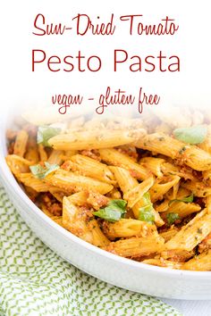 sun dried tomato pesto pasta in a white bowl