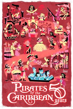 pirates of the caribbean 50th anniversary poster with various characters and their names in red ink