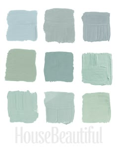 various shades of blue and grey paint with the words house beautiful written in white on it