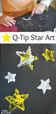 two pictures with the words q - tip star art written in yellow and white on them