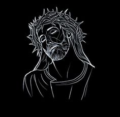 a black and white drawing of the face of jesus with crown of leaves on his head