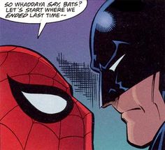 a comic book page with a spiderman looking at another person's face and the caption says, let's start where we came from