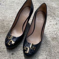 Worn Only Once, Excellent Condition. Black Heels With Gold-tone Hardware For Work, Tory Burch Wedges, Tory Burch Shoes, Womens Shoes Wedges, Tory Burch, Wedges, Women Shoes, Women Shopping, Black