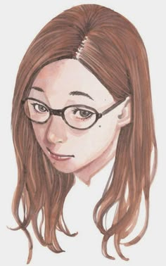 a drawing of a girl with glasses on her face and long hair, looking to the side