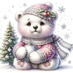 a white teddy bear wearing a christmas hat and scarf holding an ornament in its paws