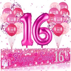 the number sixteen is surrounded by pink balloons and confetti in front of a white background