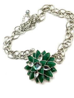 Gorgeous collectible green and silver tone necklace by Lia Sophia with large flower. Green Metal Flower Jewelry, Green Metal Flower-shaped Jewelry, Green And Silver, Green Jewelry, Lia Sophia, Enamel Flower, Pink Beads, Silver Spring, Large Flowers