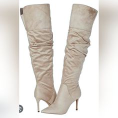 Amp Up Your Chic Outfit By Pairing The Anitah Over-The-Knee Boot By Jessica Simpson. Ruched Details On The Shaft Add A Crafty Look To This Tall Boot While The Inside Zip Closure Ensures A Comfortable Wear Experience. Stretch Supreme Microsuede. 6 1/2 M **Boots Have Been In Storage And Have A Musty Like Smell** I Think A Few Days In The Sun And Fresh Air Would Help That, So I Am Reducing Price To $24. They Are Beautiful Boots! The Faux Suede Is Gorgeous And They Would Be Warm For Colder Weather! Beige Wide Calf Knee-high Boots, Beige Fitted Suede Knee-high Boots, Jessica Simpson Boots, Side Zip Boots, Knee Boot, Tall Boot, Jessica Simpson Shoes, Chic Outfit, Tall Boots