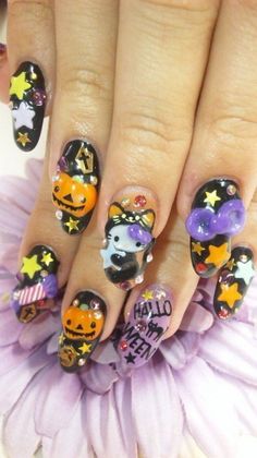 Nails Inspiration Fun Halloween Nails, Hello Kitty Nails Art, Kawaii Nail Art, 3d Nail Art Designs, Halloween Acrylic Nails, Trendy Nail Art Designs, Hello Kitty Nails, Hello Kitty Halloween, Really Cute Nails