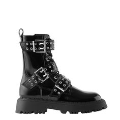 Studded Faux Patent Leather 4 (9.0 Inches) | Black Edgy Synthetic Boots With Buckle Closure, Zara Edgy Round Toe Boots, New Boots, Zara Shoes, Zara Black, Winter Rain, Rain Boots, Patent Leather, Size 4