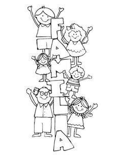 a black and white drawing of children standing on top of a tall number four sign