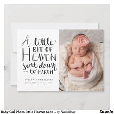 a little bit of heaven sent down to earth birth announcement card in black and white