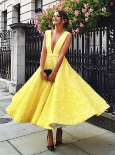 This Dress is fashionable for every occasion. the dress is made-to-order by professional tailors. You can choose from 50 colors, Regular sizes 2 to 16 and plus sizes 14w to 26W. Custom size is also available.. The product details: Color: Yellow, Silhouette: A-Line, Neckline: V-Neck, Waistline: Natural Waist, Length: Long, Primary Fabric: Lace Plunging Neckline Prom Dress, Yellow Homecoming Dresses, Cocktail Dress Yellow, Wedding Guest Gowns, Prom Dresses Yellow, Prom Dresses 2018, Gown Plus Size, School Dress, Prom Dresses Sleeveless