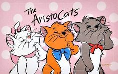 three cartoon cats standing next to each other on a pink background with white polka dots