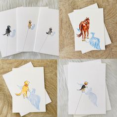 four cards with pictures of horses and dogs on them, one is holding a flower