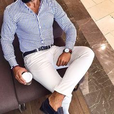 trust yourself — maletrends:    Feel free to drop me a line with... White Jeans Men, Mens Fashion Rugged, Gentleman Style, Slim Fit Shirt, Formal Shirts, Business Casual Outfits