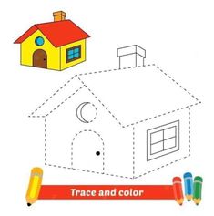 a house and crayons are shown with the words trace and color on it