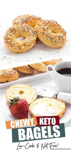 bagels and strawberries are sitting on plates next to each other with the words chew keto bagels for can't not be free