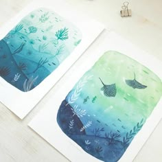 two watercolor paintings of sea life on white paper next to each other, one is blue and the other is green