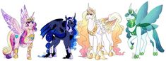 four different colored ponys standing next to each other with wings on their heads and tails