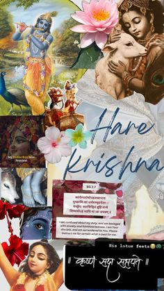 there is a collage with pictures and words on it, including an image of lord krishan