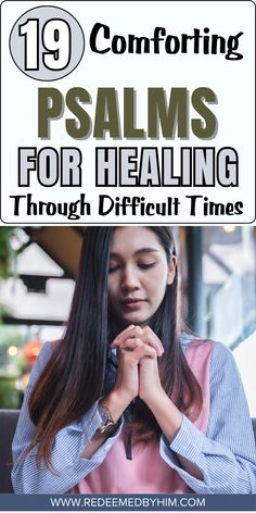 a woman holding her hands together with the words 19 comforting palms for healing through difficult times