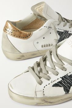 GOLDEN GOOSE DELUXE BRAND Superstar distressed suede-trimmed printed leather sneakers | NET-A-PORTER Metallic Gold Heels, Golden Goose Superstar, Goose Sneakers, Metallic Sneakers, Goose Shoes, Sneakers Looks, Metallic Heels