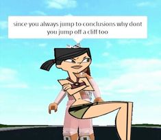 a cartoon character with a sign that says, since you always jump to conscious why don't you jump off a cliff too