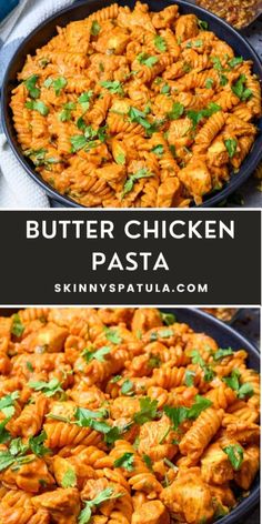 butter chicken pasta in a skillet with parsley on top