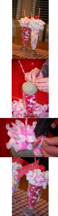 three pictures show the process of making cupcakes with candles and flowers in them