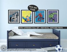 a bedroom with blue walls and pictures on the wall, including superman's artwork